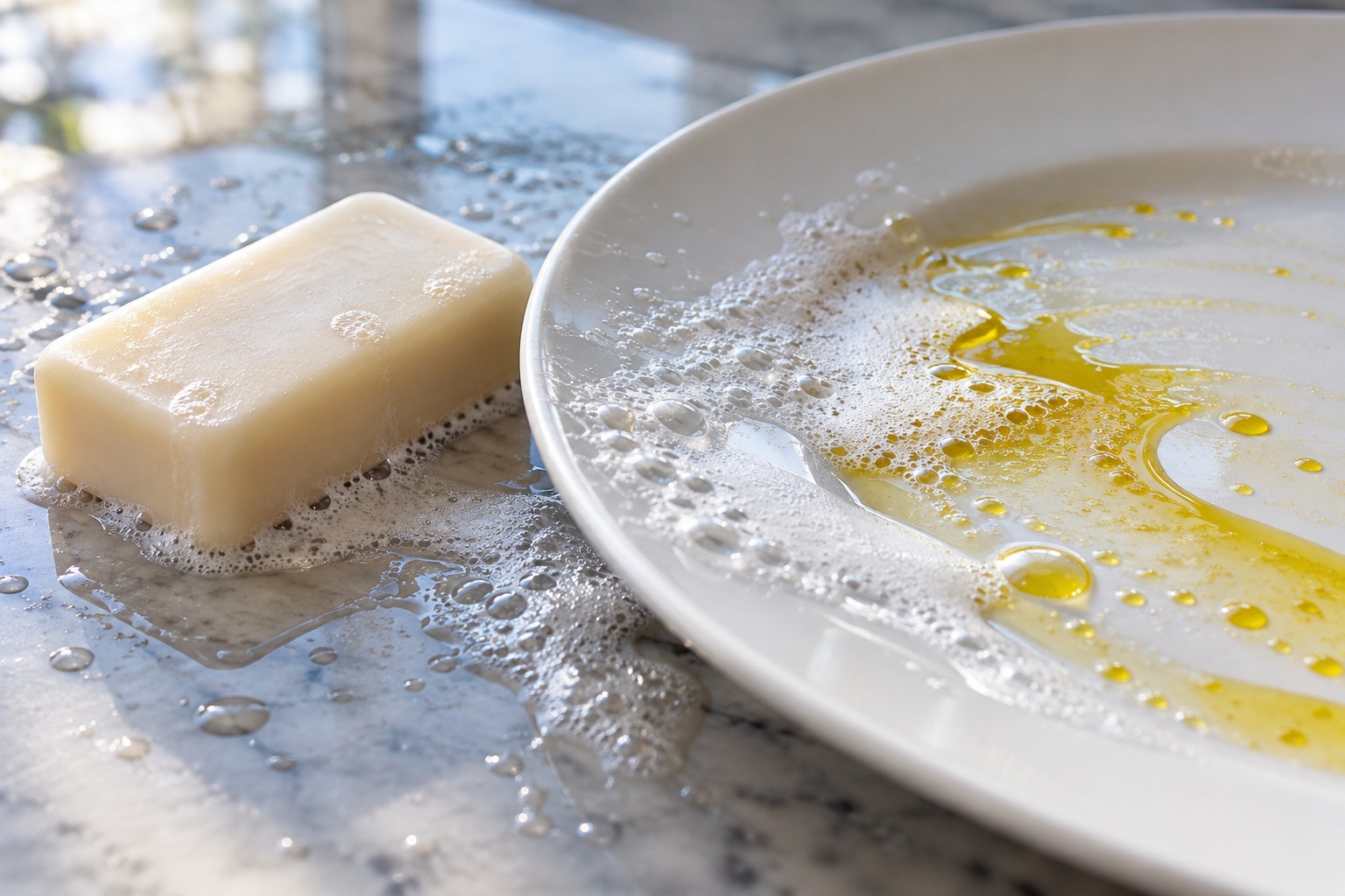 Una saponetta chiara accanto a un piatto con olio, acqua e schiuma: illustrazione del tema del lavaggio.