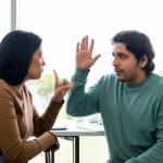 Due persone, una udente e una sorda, comunicano faccia a faccia. La persona sorda usa la Lingua dei Segni Messicana con espressività, mentre l'altra ascolta attentamente. L'ambiente è un ufficio moderno e luminoso. Fotografia ritratto, obiettivo 35mm, profondità di campo media per mantenere entrambi i soggetti a fuoco, luce naturale morbida.