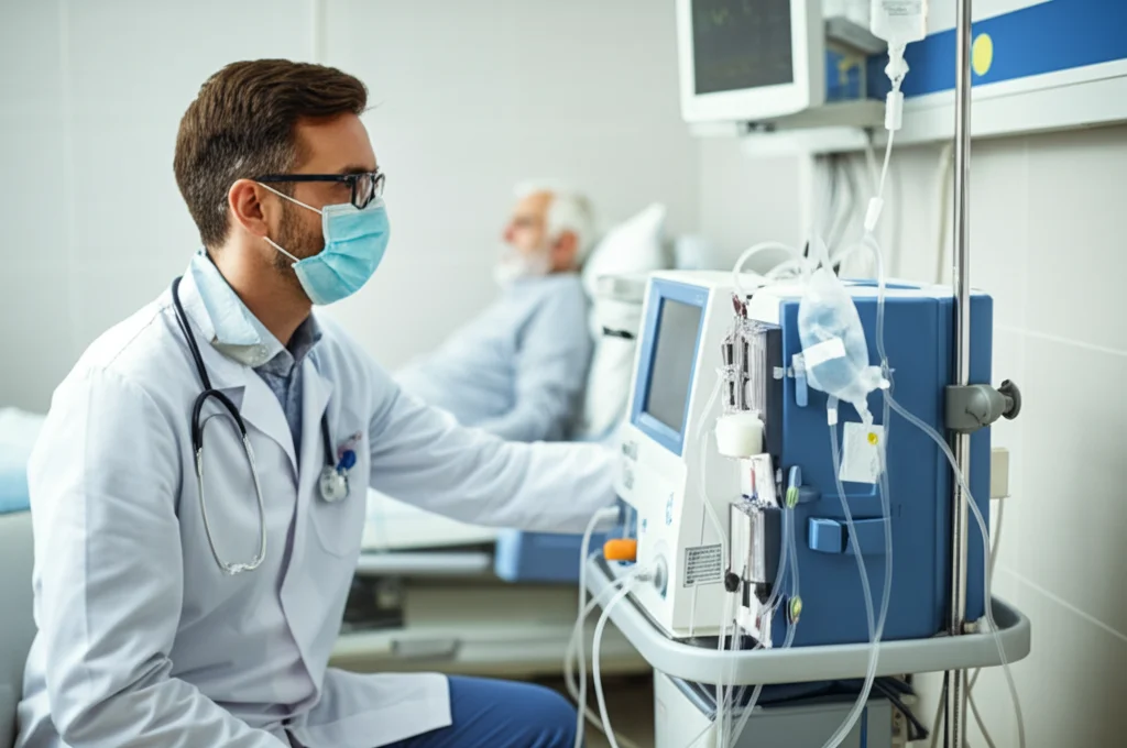 Fotografia di un medico con mascherina che controlla attentamente i parametri di una macchina per la dialisi, con un paziente anziano visibile ma sfocato sullo sfondo in una stanza d'ospedale pulita e moderna, obiettivo 50mm, profondità di campo, illuminazione clinica brillante.