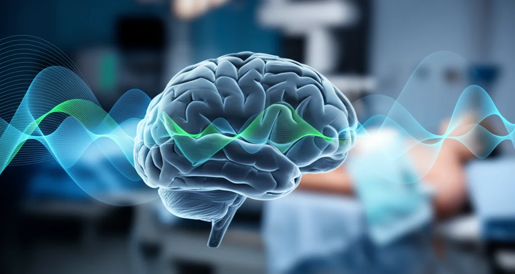 Primo piano di un cervello stilizzato con onde luminose blu e verdi che lo attraversano, simboleggiando l'attività neurologica e la speranza di recupero, su uno sfondo sfocato di attrezzature mediche da terapia intensiva post-arresto cardiaco. Illuminazione controllata, obiettivo macro 90mm, alta definizione, profondità di campo.