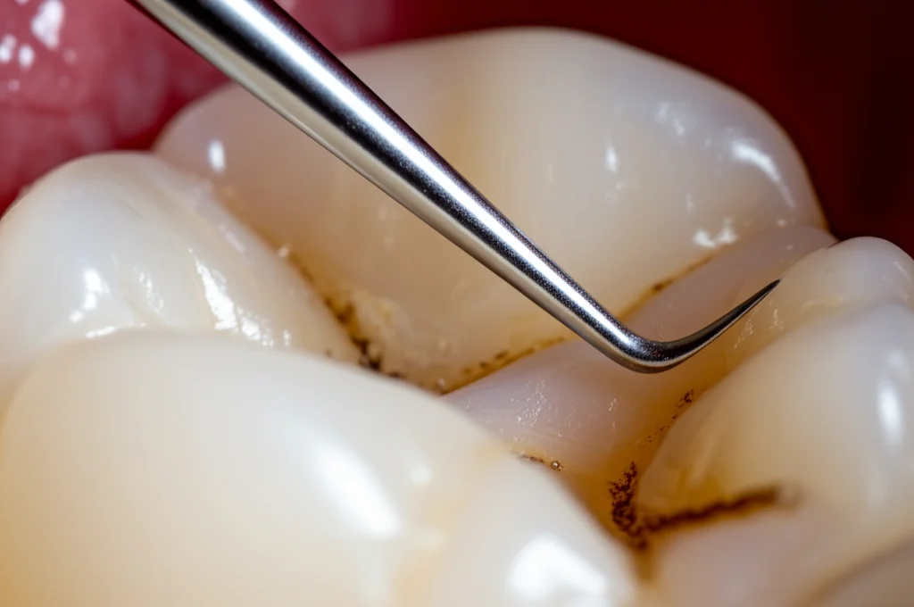 Primo piano macro fotorealistico, scattato con lente da 60mm, di uno strumento odontoiatrico (es. punta di ablatore a ultrasuoni o curette) vicino alla superficie di una radice dentale. Si intravede la texture della dentina e forse qualche traccia di biofilm. L'illuminazione è controllata per creare un'atmosfera clinica ma dettagliata, mettendo in risalto l'interazione tra strumento e dente. High detail, precise focusing.