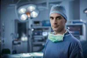 Ritratto fotografico realistico di un chirurgo, uomo o donna, in camice, che guarda verso l'obiettivo con espressione determinata ma riflessiva, sfondo sfocato di una sala operatoria o corridoio ospedaliero. Obiettivo 35mm, duotone blu e grigio, profondità di campo.