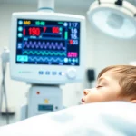 Sala operatoria pediatrica calma e luminosa, focus su un monitor paziente con parametri stabili e una flebo di remimazolam in corso, obiettivo prime 35mm, profondità di campo che mostra un bambino addormentato sullo sfondo sfocato, luce controllata, atmosfera di sicurezza e tecnologia avanzata.