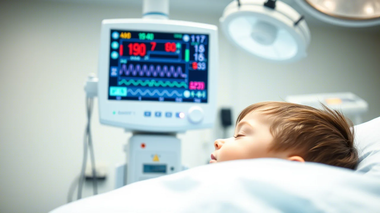 Sala operatoria pediatrica calma e luminosa, focus su un monitor paziente con parametri stabili e una flebo di remimazolam in corso, obiettivo prime 35mm, profondità di campo che mostra un bambino addormentato sullo sfondo sfocato, luce controllata, atmosfera di sicurezza e tecnologia avanzata.