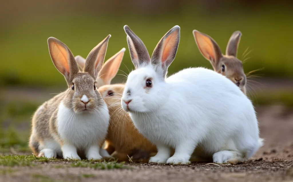 Un gruppo diversificato di razze di conigli domestici (es. Gigante Fiammingo, Bianco Neozelandese, una razza cinese come il Fujian Giallo) in un ambiente naturale stilizzato che simboleggia la diversità genetica. Fotografia naturalistica, obiettivo zoom 70-200mm a circa 100mm, messa a fuoco nitida sugli animali in primo piano, sfondo leggermente sfocato per isolarli, luce naturale morbida del tardo pomeriggio.