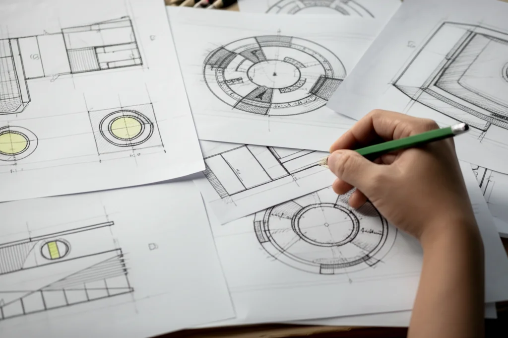 Vista dall'alto di una mano che valuta diversi schizzi di design ingegneristico sparsi su un tavolo da lavoro, con livelli di qualità variabili da semplice bozza a rendering dettagliato. Obiettivo 50mm prime, luce da studio morbida e diffusa, focus selettivo sullo schizzo centrale, alta definizione per mostrare texture della carta e dettagli del disegno, simboleggiando il processo di valutazione del concept.
