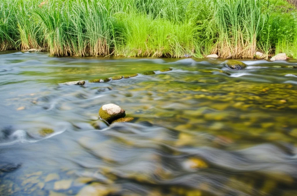 Vista grandangolare di un fiume naturale con vegetazione emergente (canne, giunchi) lungo le rive e su piccole barre di ghiaia. L'acqua scorre moderatamente, mostrando piccole increspature. Obiettivo grandangolare 20mm, luce naturale del tardo pomeriggio, messa a fuoco nitida sulla vegetazione e sul letto del fiume visibile attraverso l'acqua bassa, effetto acqua leggermente mosso con lunga esposizione.
