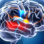 Visualizzazione artistica del cervello umano con enfasi sulle aree olfattive (bulbo e tratto olfattivo, corteccia entorinale) e sulle connessioni neurali tramite trattografia stilizzata. Stile fotorealistico con dettagli nitidi, illuminazione drammatica che evidenzia i percorsi in colori contrastanti (blu/arancio), lente prime 35mm, profondità di campo che sfoca le aree cerebrali non pertinenti.
