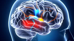 Visualizzazione artistica del cervello umano con enfasi sulle aree olfattive (bulbo e tratto olfattivo, corteccia entorinale) e sulle connessioni neurali tramite trattografia stilizzata. Stile fotorealistico con dettagli nitidi, illuminazione drammatica che evidenzia i percorsi in colori contrastanti (blu/arancio), lente prime 35mm, profondità di campo che sfoca le aree cerebrali non pertinenti.
