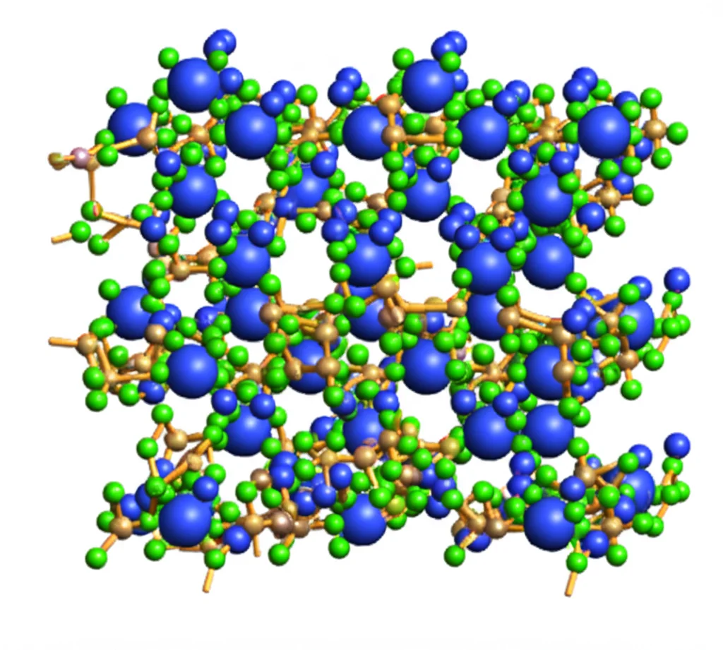 Visualizzazione fotorealistica del reticolo kagome modulato del materiale Cs8RbK3Ti12F48. Atomi di Titanio (sfere bluastre) formano triangoli interconnessi su un piano, con atomi di Fluoro (sfere più piccole verdastre) che mediano le interazioni. La modulazione è suggerita da lievi variazioni nelle distanze o nell'ambiente circostante. Dettagli: Macro lens, 100mm, high detail, precise focusing, illuminazione da laboratorio controllata che evidenzia la struttura cristallina.