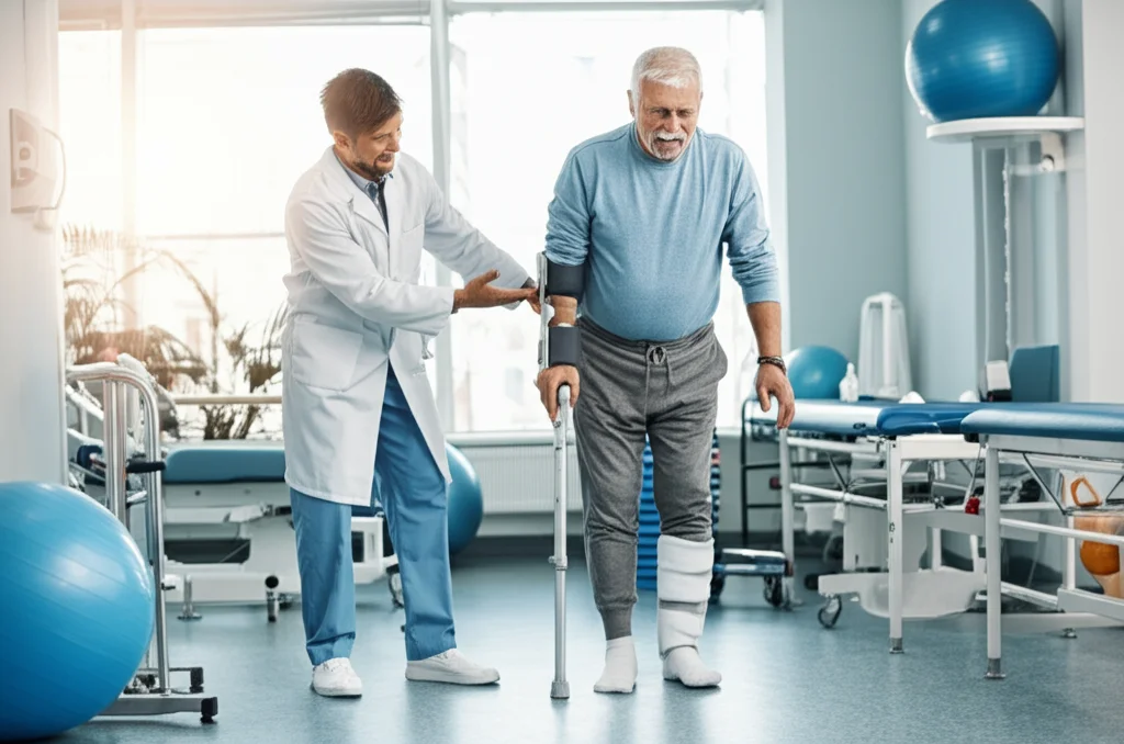 Fisioterapista sorridente aiuta un paziente con emiplegia post-ictus a camminare indossando un tutore AFO bianco in una clinica riabilitativa moderna e luminosa, obiettivo 50mm, luce calda e naturale, profondità di campo che sfoca leggermente lo sfondo.