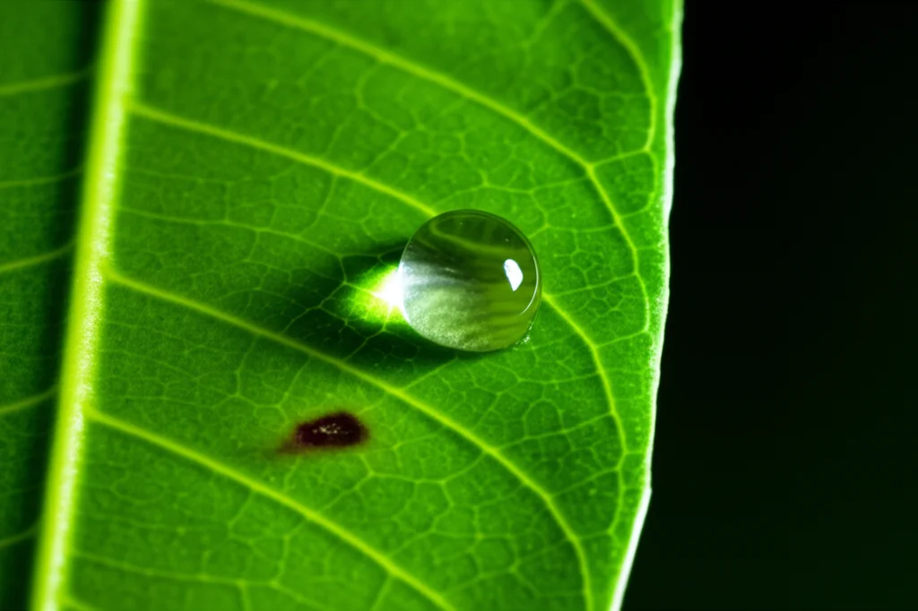 Fotografia macro ad alta definizione di gocce d'acqua su una foglia di mango verde brillante, con una singola macchia scura iniziale di antracnosi appena visibile, obiettivo macro 100mm, messa a fuoco precisa sulla goccia e sulla lesione, illuminazione laterale controllata per creare contrasto.