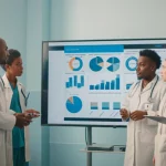 Fotografia stile reportage di un team medico multietnico (medici e infermieri) che discute animatamente attorno a un grande schermo che mostra grafici e dati anonimizzati sui pazienti COVID-19 in una sala riunioni ospedaliera, obiettivo zoom 24-70mm impostato a 35mm, luce naturale da una finestra laterale, profondità di campo media per mantenere a fuoco il team e lo schermo.