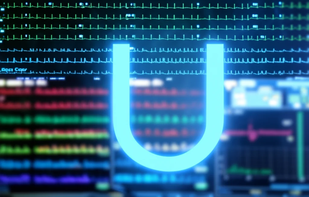 Illustrazione concettuale di una curva a U luminosa di colore blu sovrapposta a un'immagine sfocata di un monitor di terapia intensiva che mostra grafici di parametri vitali, focus sulla curva che rappresenta il rapporto non lineare tra HCT-ALB e la mortalità nella sepsi, sfondo scuro high-tech.