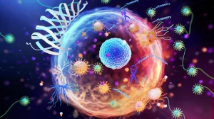 Illustrazione scientifica astratta che mostra la proteina PTEN all'interno di un esosoma interagire con cellule tumorali e cellule immunitarie (linfociti T, macrofagi) nel microambiente tumorale del carcinoma nasofaringeo, con fasci di radioterapia e simboli di immunoterapia. Lente macro 80mm, alta definizione, illuminazione drammatica.