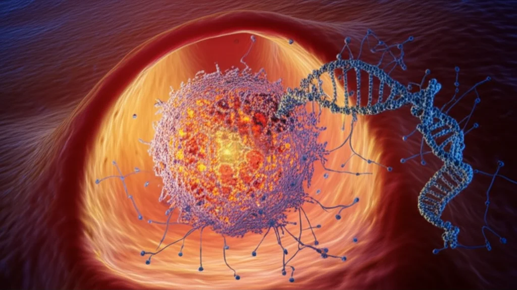 Illustrazione scientifica fotorealistica che mostra DNA mitocondriale (mtDNA) fuoriuscire da un mitocondrio danneggiato all'interno di una cellula intestinale, attivando la via cGAS-STING nel citoplasma, illuminazione drammatica, alta definizione, stile cinematografico, focus sui dettagli molecolari.