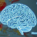 Immagine concettuale che mostra dati meteorologici (simboli di sole, nuvole, pioggia, termometro) che fluiscono in un cervello stilizzato fatto di circuiti luminosi, sovrapposto a una mappa tropicale sfocata con puntini rossi che indicano focolai di dengue. Obiettivo 35mm, colori vibranti ma realistici, profondità di campo per mettere a fuoco il cervello AI.