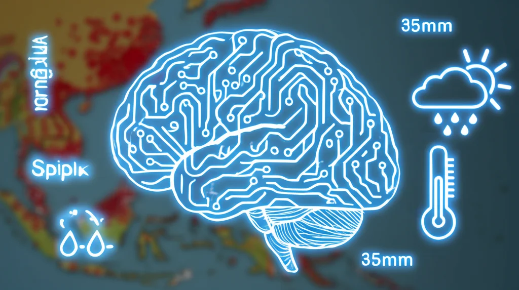 Immagine concettuale che mostra dati meteorologici (simboli di sole, nuvole, pioggia, termometro) che fluiscono in un cervello stilizzato fatto di circuiti luminosi, sovrapposto a una mappa tropicale sfocata con puntini rossi che indicano focolai di dengue. Obiettivo 35mm, colori vibranti ma realistici, profondità di campo per mettere a fuoco il cervello AI.
