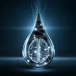 Immagine concettuale di onde cerebrali stilizzate che emergono da una goccia di saliva ingrandita, simboleggiando la connessione tra saliva e sonno, sfondo blu notte, illuminazione drammatica, stile fotorealistico.