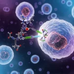Immagine concettuale fotorealistica che illustra il targeting terapeutico dello splicing dell'RNA in cellule tumorali di pseudomixoma peritonei (PMP), visualizzando molecole di farmaci stilizzate che interagiscono con il macchinario di splicing vicino a cellule PMP traslucide fluttuanti in una matrice mucinosa, stile cinematografico, profondità di campo, illuminazione drammatica blu e viola duotone.