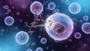 Immagine concettuale fotorealistica che illustra il targeting terapeutico dello splicing dell'RNA in cellule tumorali di pseudomixoma peritonei (PMP), visualizzando molecole di farmaci stilizzate che interagiscono con il macchinario di splicing vicino a cellule PMP traslucide fluttuanti in una matrice mucinosa, stile cinematografico, profondità di campo, illuminazione drammatica blu e viola duotone.