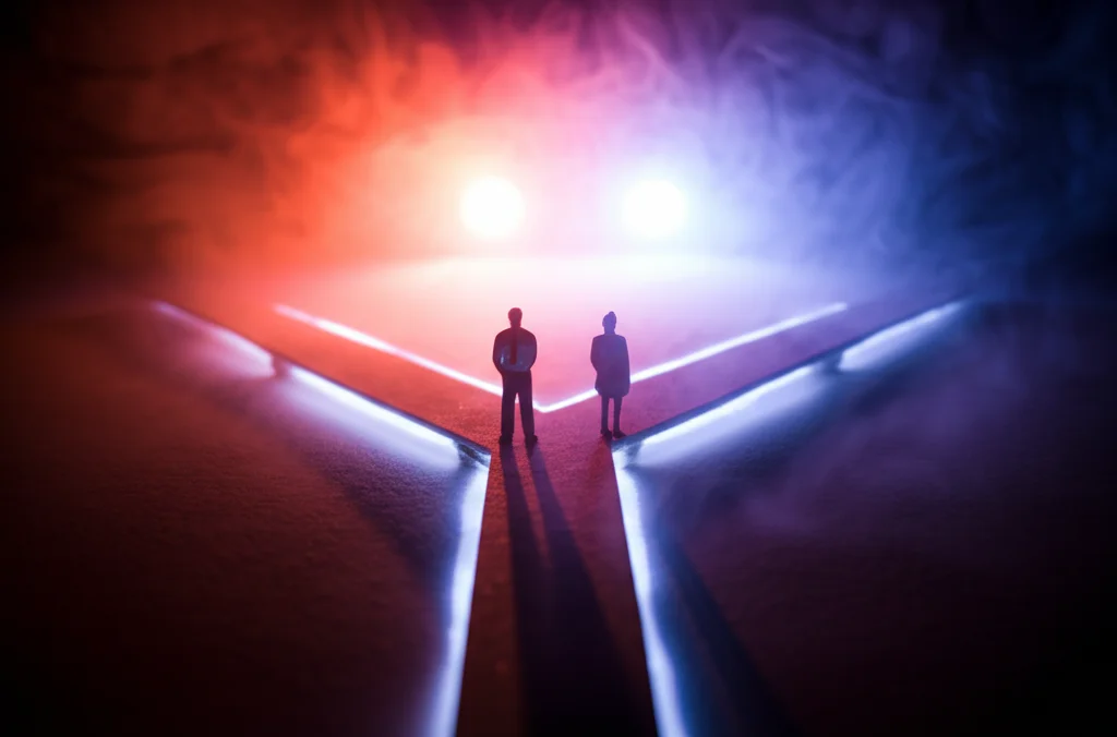 Immagine concettuale fotorealistica che rappresenta la complessità delle scelte imprenditoriali legate al genere e alla crescita. Un uomo e una donna, figure stilizzate ma riconoscibili, si trovano di fronte a un bivio con percorsi che salgono (crescita) e rimangono piani (stabilità), illuminati da luci diverse. Obiettivo 50mm, profondità di campo media, atmosfera riflessiva.