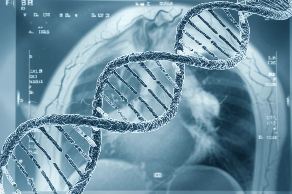 Immagine fotorealistica astratta che combina una doppia elica del DNA sovrapposta a un'immagine dettagliata di una risonanza magnetica cardiaca, colori blu e grigio duotone, obiettivo 35mm, concetto di genetica e diagnostica cardiaca.