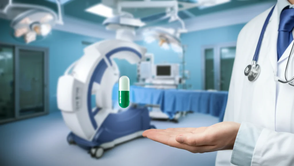 Immagine fotorealistica di un medico che tiene in mano una capsula probiotica trasparente, con sullo sfondo sfocato una sala operatoria moderna e luminosa dove si intravede una macchina per il bypass cardiopolmonare. Obiettivo prime 35mm, profondità di campo, luce naturale morbida.
