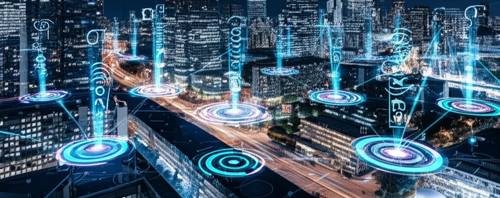 Immagine fotorealistica di una smart city futuristica vista dall'alto di notte, con flussi di dati digitali luminosi (blu e viola) sovrapposti che collegano edifici moderni illuminati, strade trafficate e parchi verdi scuri, simboleggiando l'analisi AI dello spazio urbano. Obiettivo grandangolare 20mm, messa a fuoco nitida, illuminazione vibrante e contrastata.