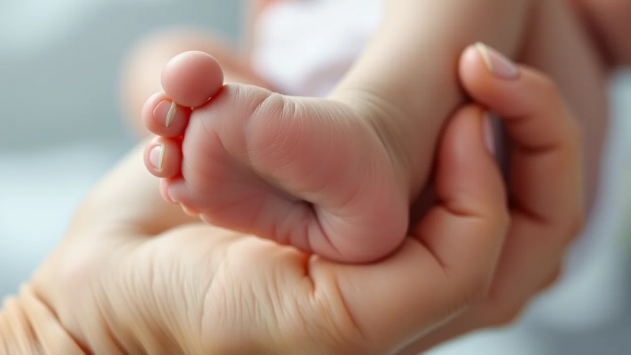 Immagine simbolo dello screening neonatale: primo piano del piedino di un neonato tenuto delicatamente da una mano adulta (genitore o medico), con una piccola puntura visibile sul tallone per il test del sangue. Obiettivo macro 85mm, luce soffusa e calda, alta definizione, profondità di campo per sfocare lo sfondo.