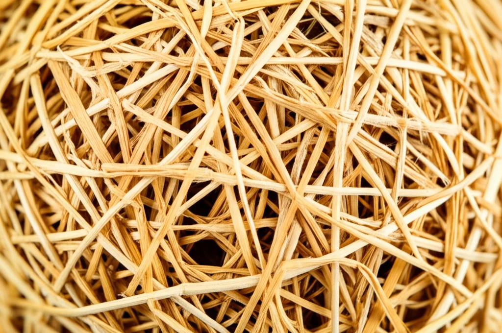 Primo piano dettagliato della texture di un materiale composito rinforzato con fibre naturali derivate da nidi di uccello tessitore, che mostra la struttura intrecciata simile a Voronoi, illuminazione da studio controllata, obiettivo macro 90mm, alta definizione.