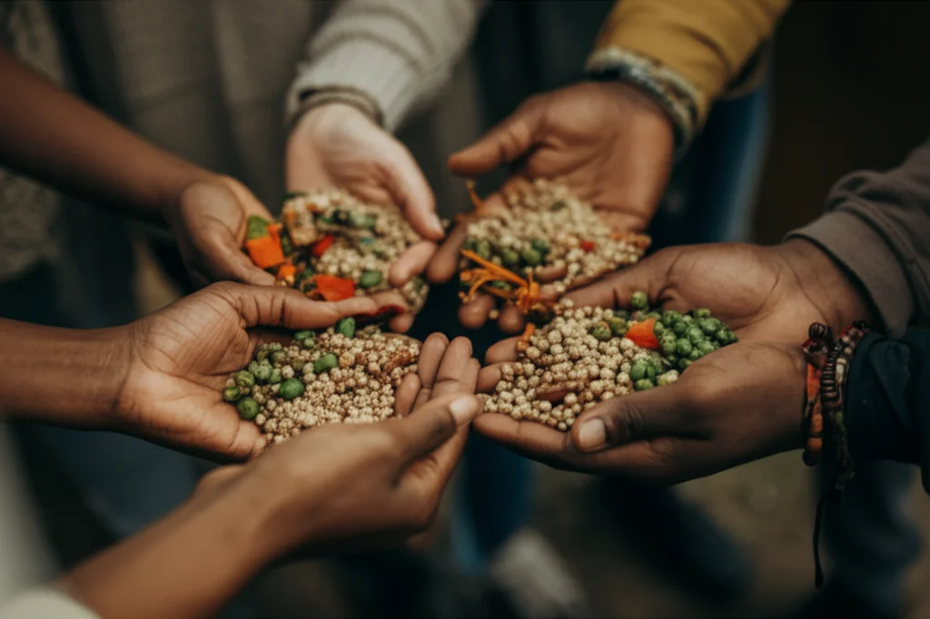 Primo piano di mani diverse (africane) che condividono un pasto sano composto da verdure locali, legumi e cereali integrali, simboleggiando la comunità e l'importanza della dieta condivisa. Obiettivo 50mm, profondità di campo ridotta, luce naturale calda.