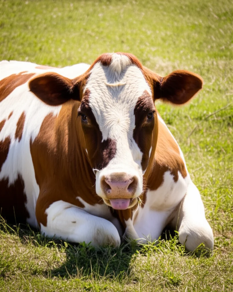 Primo piano di una mucca da carne (beef cattle) sofferente per il caldo estremo in un pascolo delle Southern Plains USA, lingua fuori, respiro affannoso. Macro lens, 85mm, high detail sul muso dell'animale, shallow depth of field, luce solare diretta e intensa.