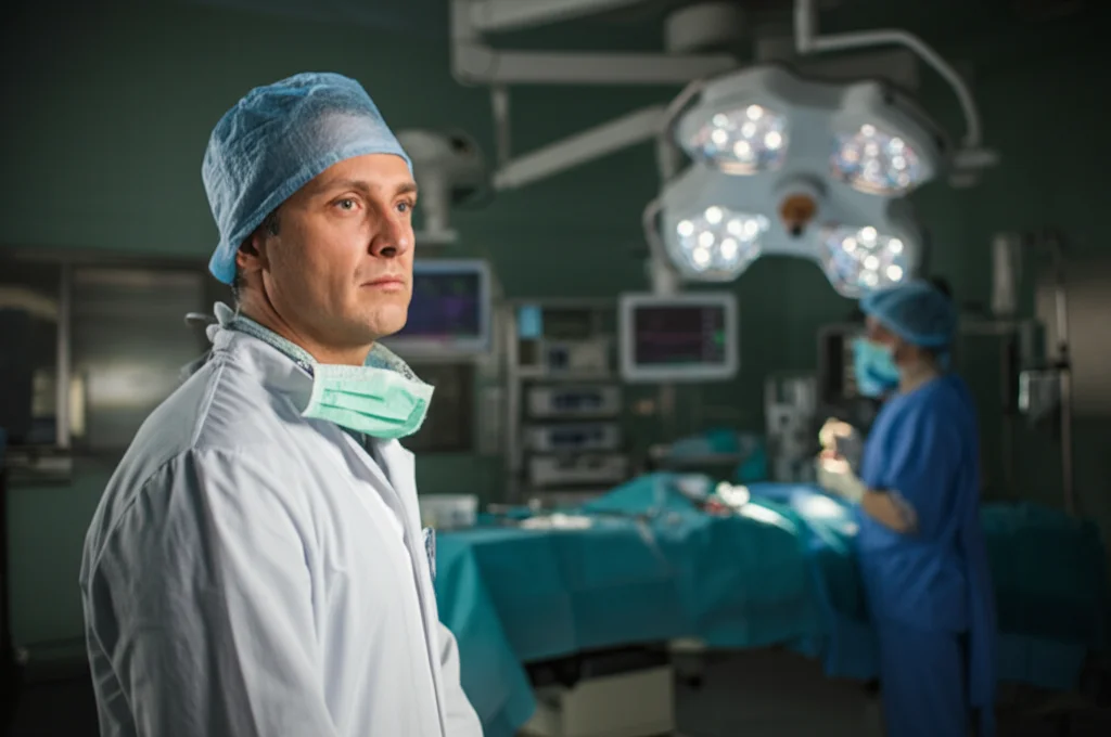 Ritratto fotografico di un anestesista pediatrico dall'aspetto pensieroso ma rassicurante, in camice medico, leggermente di profilo, con uno sfondo sfocato di una sala operatoria pediatrica. Obiettivo prime 50mm, profondità di campo ridotta, illuminazione morbida da studio, espressione riflessiva.