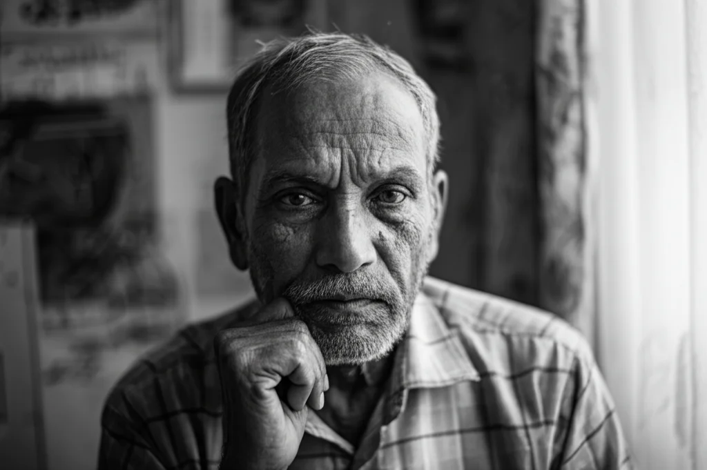 Ritratto fotografico toccante di un uomo anziano indiano con espressione pensierosa e preoccupata, simbolo della vulnerabilità economica legata ai costi delle cure per il cancro, obiettivo 35mm, bianco e nero filmico, profondità di campo accentuata.