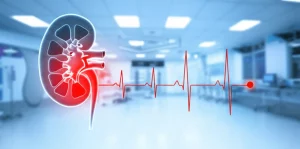 Un grafico medico stilizzato mostra un rene umano con una linea rossa a zig-zag che indica stress o danno, sovrapposto a un ambiente ospedaliero moderno e luminoso ma sfocato. Wide-angle 24mm, sharp focus sul grafico del rene, colori blu e rosso duotone per enfatizzare l'allarme medico.