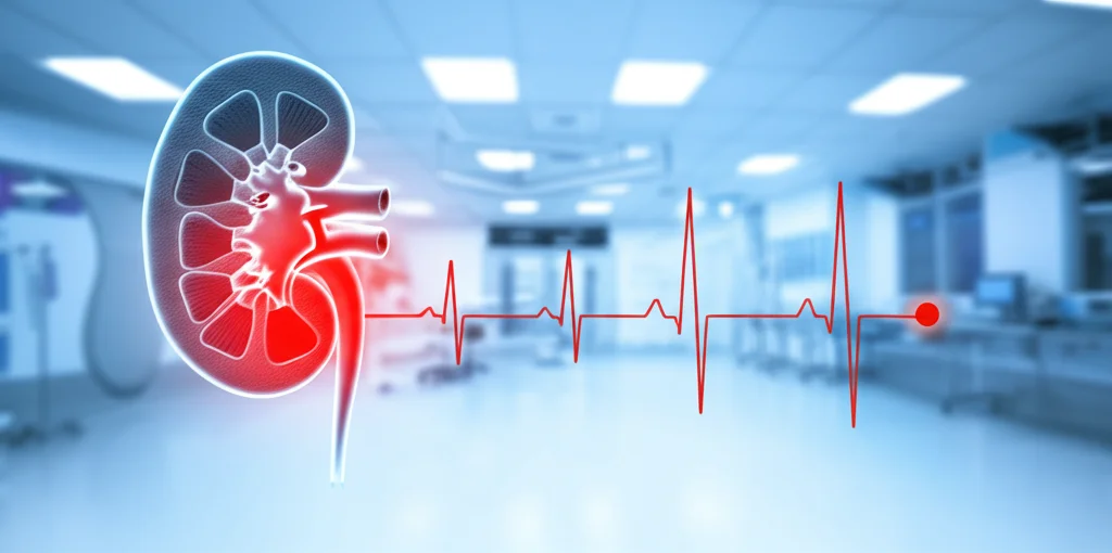 Un grafico medico stilizzato mostra un rene umano con una linea rossa a zig-zag che indica stress o danno, sovrapposto a un ambiente ospedaliero moderno e luminoso ma sfocato. Wide-angle 24mm, sharp focus sul grafico del rene, colori blu e rosso duotone per enfatizzare l'allarme medico.