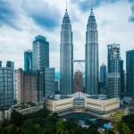 Vista aerea dello skyline di Kuala Lumpur con le Petronas Towers in primo piano, giustapposta a un'area verde vicina, obiettivo grandangolare 24mm, messa a fuoco nitida, catturando la crescita economica e le considerazioni ambientali in Malesia.