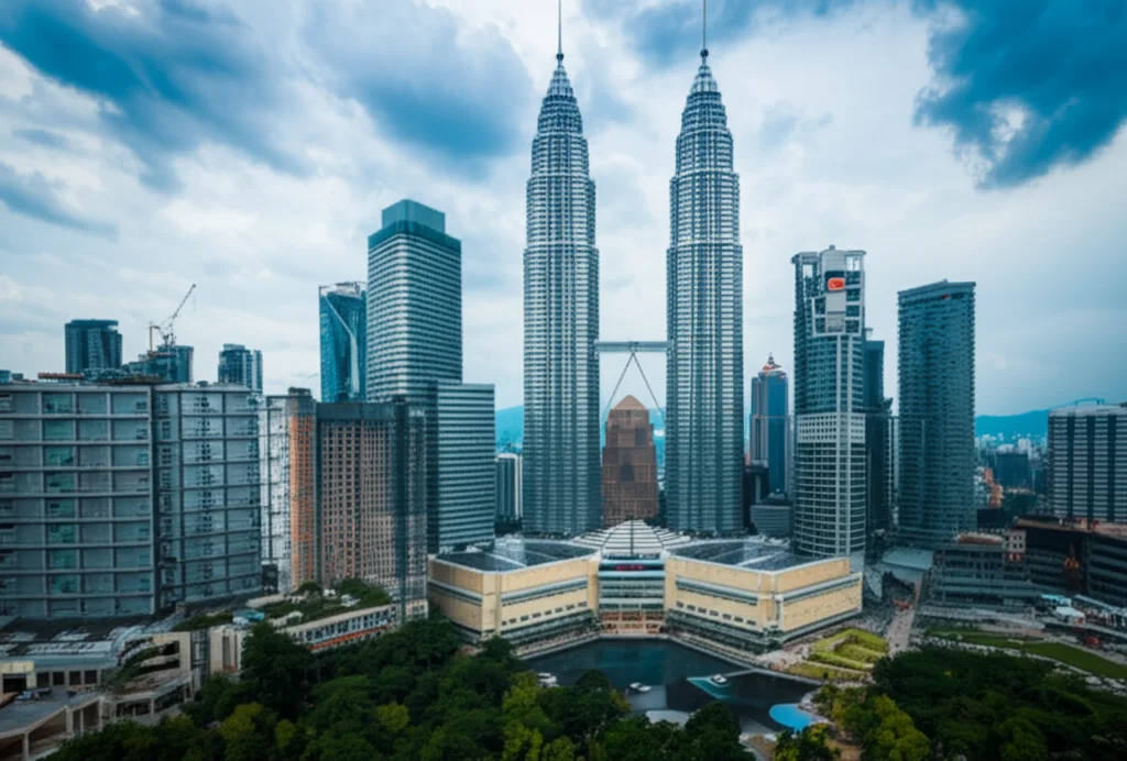 Vista aerea dello skyline di Kuala Lumpur con le Petronas Towers in primo piano, giustapposta a un'area verde vicina, obiettivo grandangolare 24mm, messa a fuoco nitida, catturando la crescita economica e le considerazioni ambientali in Malesia.