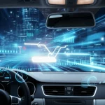 Vista futuristica dal cruscotto di un'auto con flussi di dati e una mappa di processo sovrapposta sul parabrezza, che rappresenta l'analisi di process mining del viaggio. Obiettivo grandangolare 24mm, sharp focus, bagliore blu.