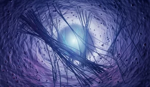 Visualizzazione 3D astratta e fotorealistica di molecole di mucina aggrovigliate all'interno di una via aerea polmonare, illuminazione drammatica, colori blu e viola duotone, alta definizione, obiettivo macro 85mm.