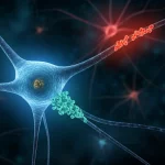 Visualizzazione 3D fotorealistica del cervello umano con neuroni interconnessi. Alcuni neuroni (in rosso/arancione) mostrano segni di degenerazione assonale dovuta a infezione virale, mentre una molecola stilizzata (inibitore di SARM1, in blu/verde brillante) agisce come uno scudo protettivo attorno ad altri neuroni. Illuminazione drammatica stile film noir, effetto profondità di campo, obiettivo 35mm.