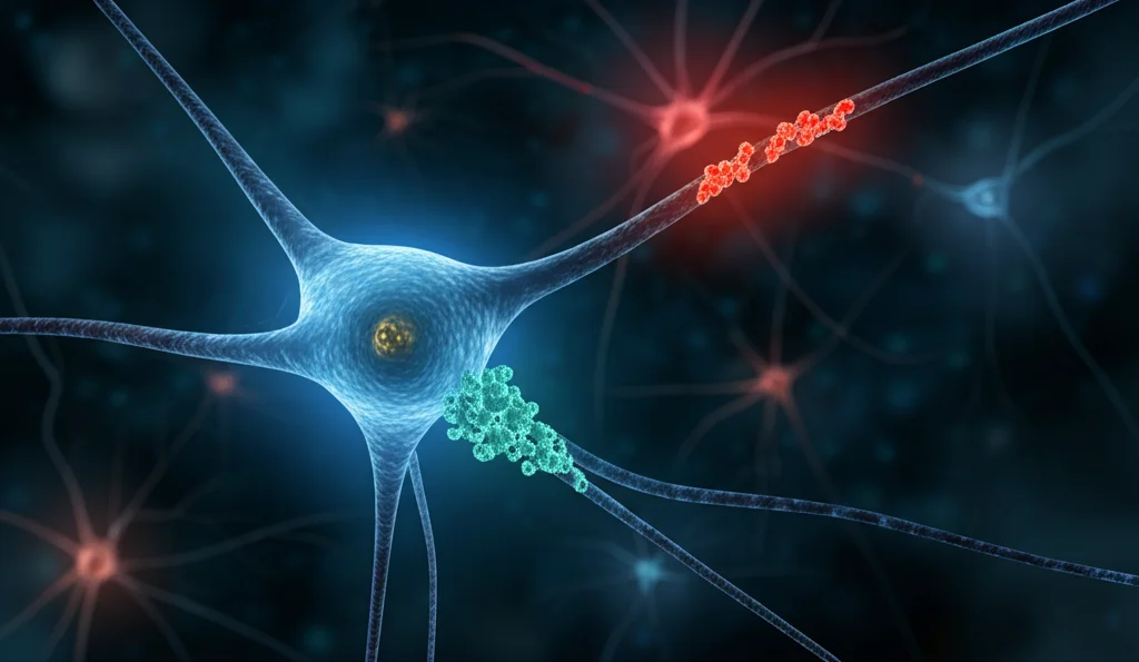 Visualizzazione 3D fotorealistica del cervello umano con neuroni interconnessi. Alcuni neuroni (in rosso/arancione) mostrano segni di degenerazione assonale dovuta a infezione virale, mentre una molecola stilizzata (inibitore di SARM1, in blu/verde brillante) agisce come uno scudo protettivo attorno ad altri neuroni. Illuminazione drammatica stile film noir, effetto profondità di campo, obiettivo 35mm.