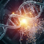 Visualizzazione artistica di un orologio biologico integrato in una doppia elica di DNA, colori vibranti su sfondo scuro, concetto di epigenetica e invecchiamento, alta risoluzione, illuminazione drammatica.