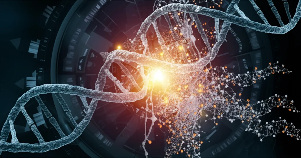 Visualizzazione artistica di un orologio biologico integrato in una doppia elica di DNA, colori vibranti su sfondo scuro, concetto di epigenetica e invecchiamento, alta risoluzione, illuminazione drammatica.