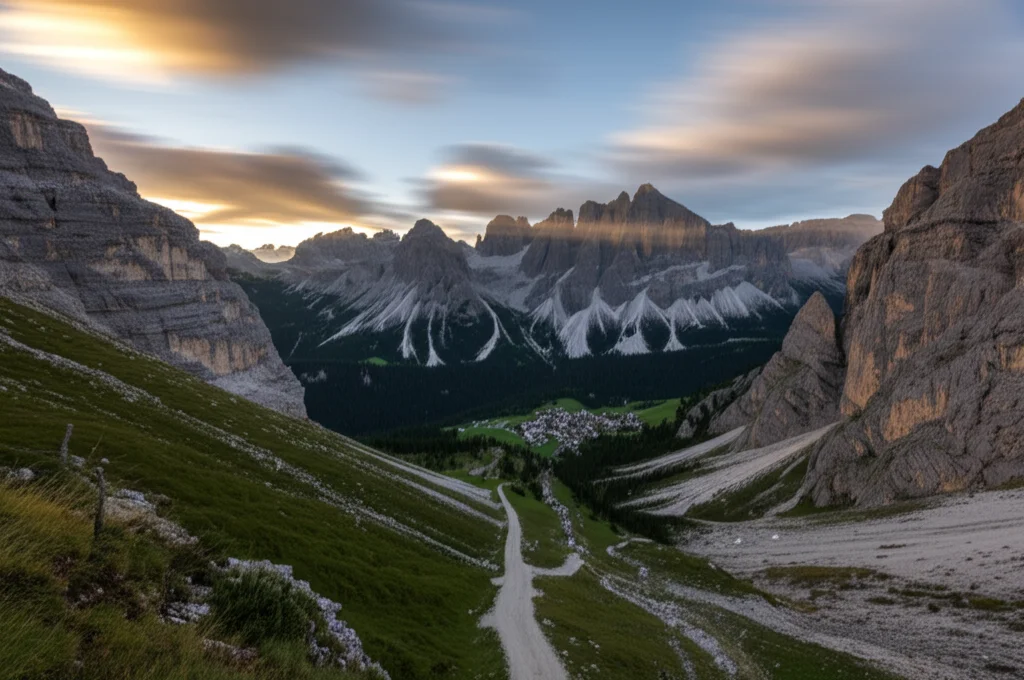 Fotografia paesaggistica grandangolare delle Dolomiti Italiane, mostrando il canalone di Cancia che scende dal Monte Antelao verso il fondovalle dove si intravedono i bacini di contenimento e il piccolo villaggio. Obiettivo grandangolare 12mm, lunga esposizione per nuvole mosse, messa a fuoco nitida su tutto il paesaggio, luce dorata del tardo pomeriggio che accentua la pendenza.
