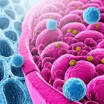 Illustrazione scientifica astratta che mostra alveoli polmonari sani (blu chiaro, ariosi) e fibrotici (rosa scuro, ispessiti, con tessuto cicatriziale) affiancati. Molecole lipidiche stilizzate (sfere con code, rappresentanti fosfolipidi, sfingolipidi, eterolipidi) interagiscono con le pareti cellulari degli alveoli. L'illuminazione è suggestiva, con fasci di luce che evidenziano le differenze metaboliche tra i due stati. Alta definizione e colori contrastanti.