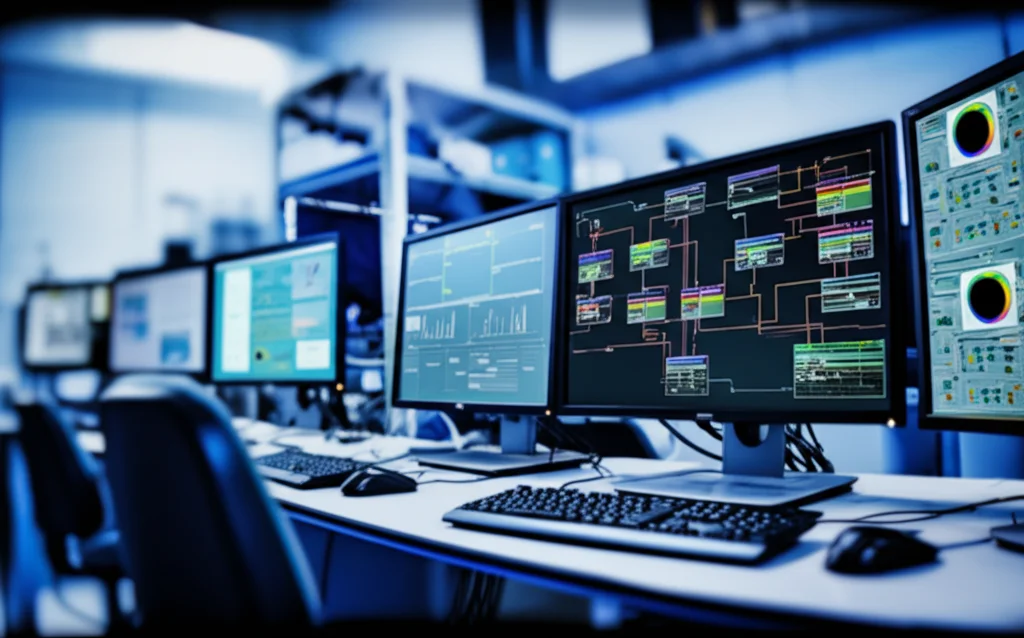 Schermi di computer in un laboratorio mostrano diverse pipeline bioinformatiche complesse e visualizzazioni di dati genomici che convergono verso uno schermo centrale che mostra un'analisi di cluster unificata. Obiettivo grandangolare 20mm, messa a fuoco nitida sugli schermi, leggero motion blur sulle attrezzature di laboratorio sullo sfondo, a rappresentare l'integrazione di dati diversi.