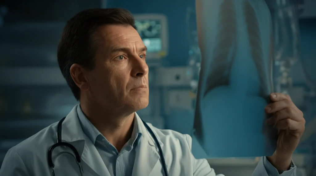 Fotografia di ritratto, un medico pediatra in terapia intensiva (PICU) guarda con espressione concentrata e leggermente preoccupata la radiografia toracica di un bambino. Luce controllata, morbida, proveniente da un lato. Profondità di campo ridotta per sfocare lo sfondo e mantenere il focus sul medico e sulla lastra. Obiettivo prime, 35mm.