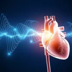 Immagine concettuale che mostra un cervello stilizzato con onde luminose pulsanti (simbolo dell'emicrania) collegato tramite linee energetiche a un cuore umano sano e luminoso, su uno sfondo blu scuro. Focus selettivo sul collegamento tra cervello e cuore. Obiettivo prime 35mm, profondità di campo media.